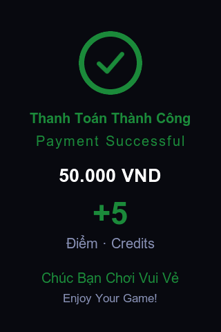 Màn hình thanh toán thành công và số xu được cộng